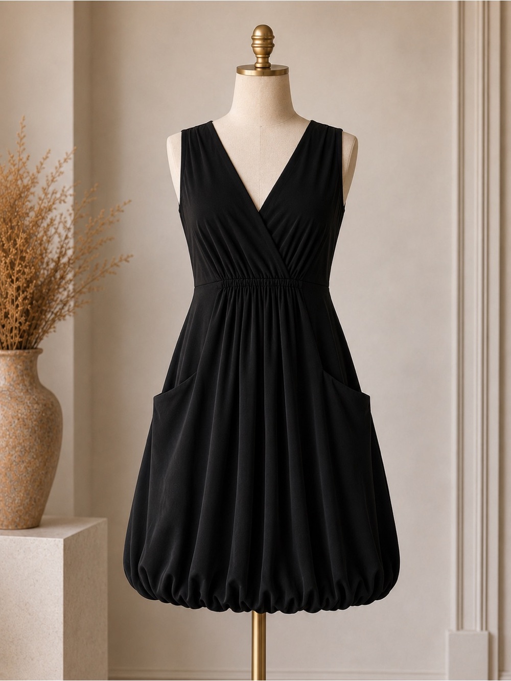 Max & Cleo Black Sleeveless V-Neck Bubble Hem Dress